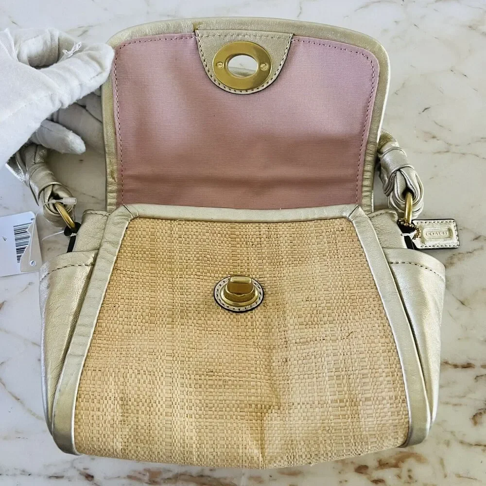 COACH Parker Straw Top Gold Leather Trim Top Handle Small Shoulder Bag